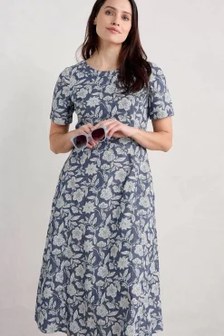 Seasalt Cornwall Dresses<Fox Path Printed Chambray Dress Stone Flower Indigo