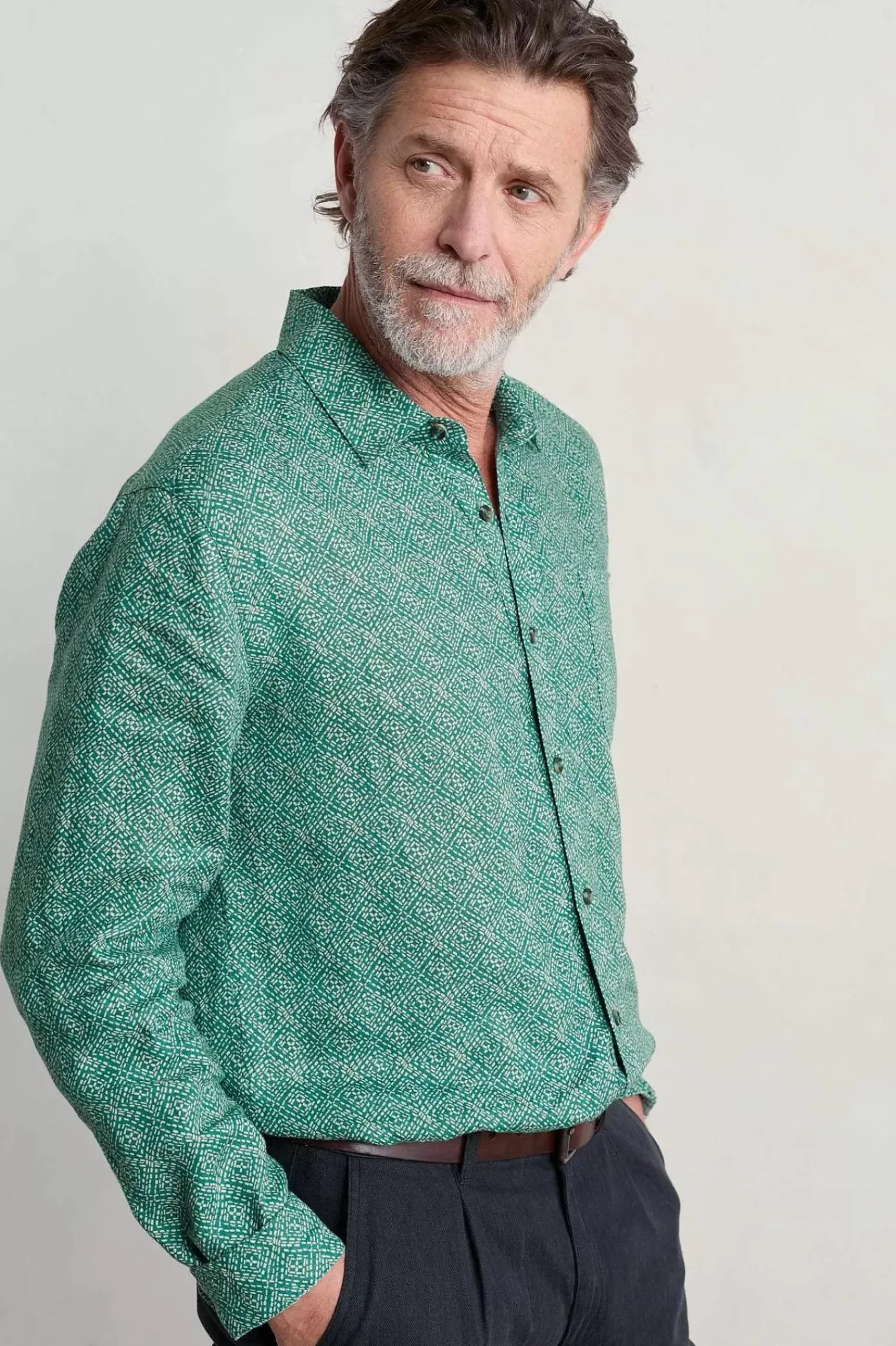 Seasalt Cornwall Shirts<Men's Anthony Printed Linen Shirt Sewn Geo Hepworth Green