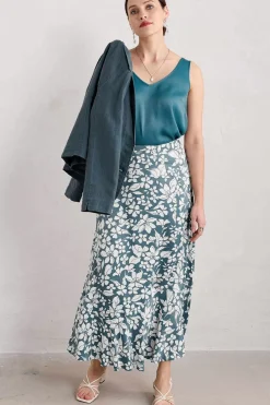 Seasalt Cornwall Skirts<Temple Printed Satin Midi Skirt Anemone Vintage Pool
