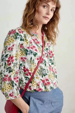 Seasalt Cornwall Tops<Willow Path 3/4 Sleeve Printed Shirt Painterly Field Chalk